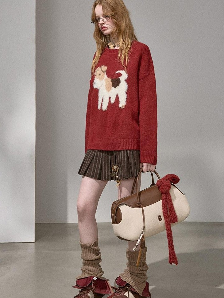 DIDDI MODA Cloudlike Plush Dog Jacquard Round Neck Pullover Women&