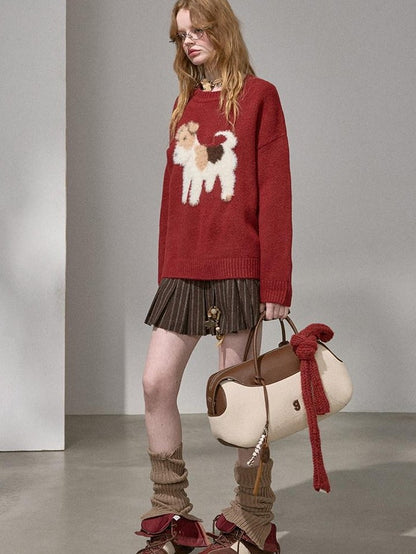 DIDDI MODA Cloudlike Plush Dog Jacquard Round Neck Pullover Women&