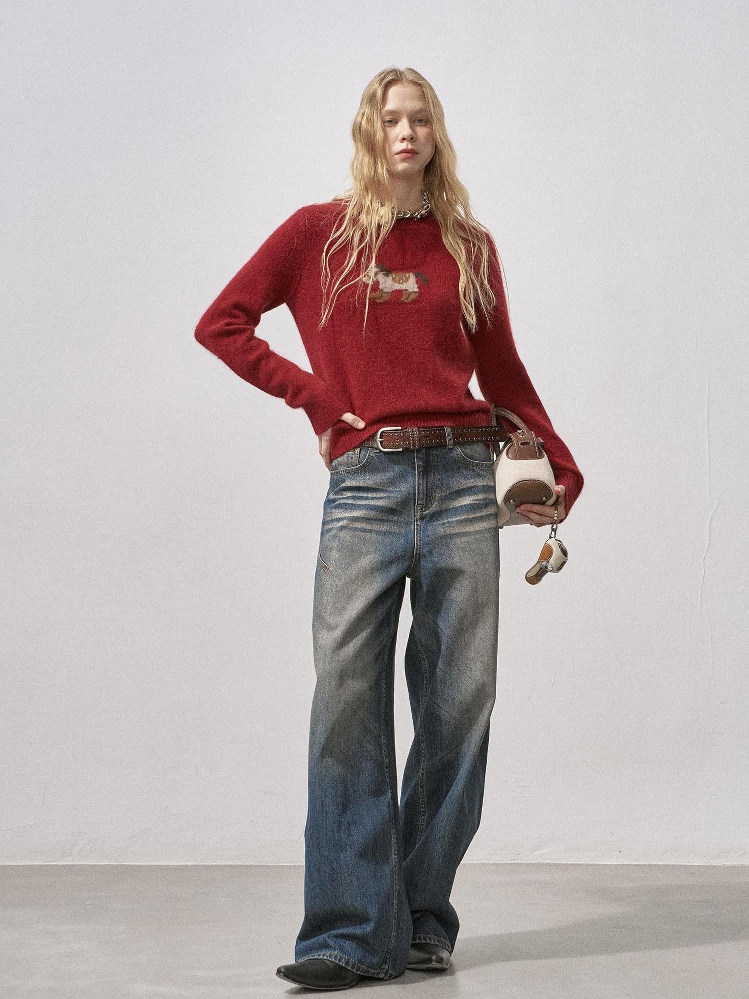 DIDDI MODA Cocoa Red Booted Pony Knit Loose Fit Women&