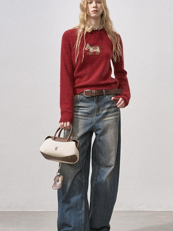 DIDDI MODA Cocoa Red Booted Pony Knit Loose Fit Women&