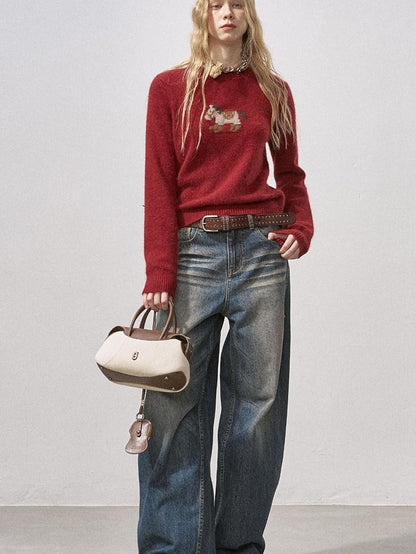 DIDDI MODA Cocoa Red Booted Pony Knit Loose Fit Women&