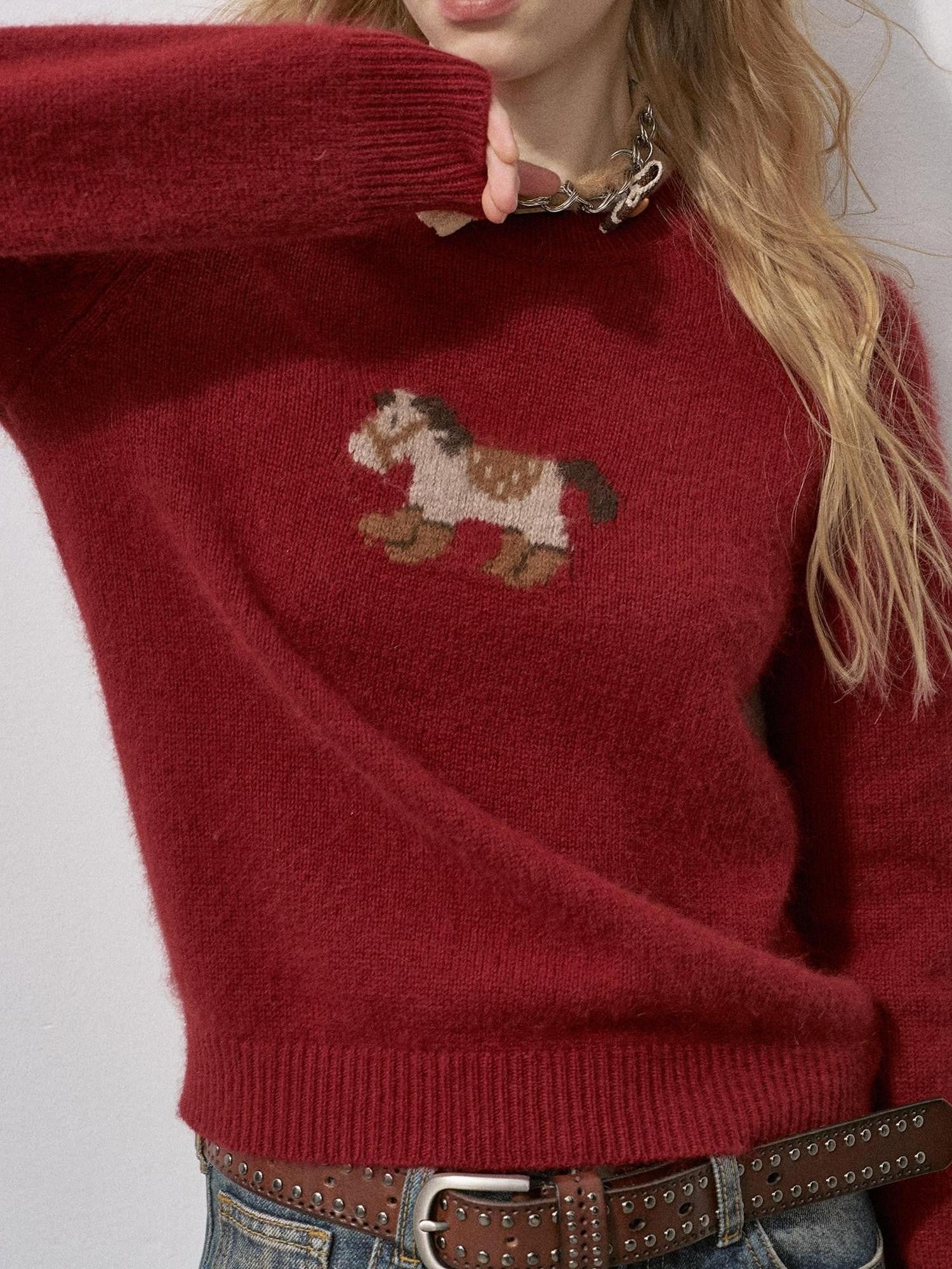 DIDDI MODA Cocoa Red Booted Pony Knit Loose Fit Women&