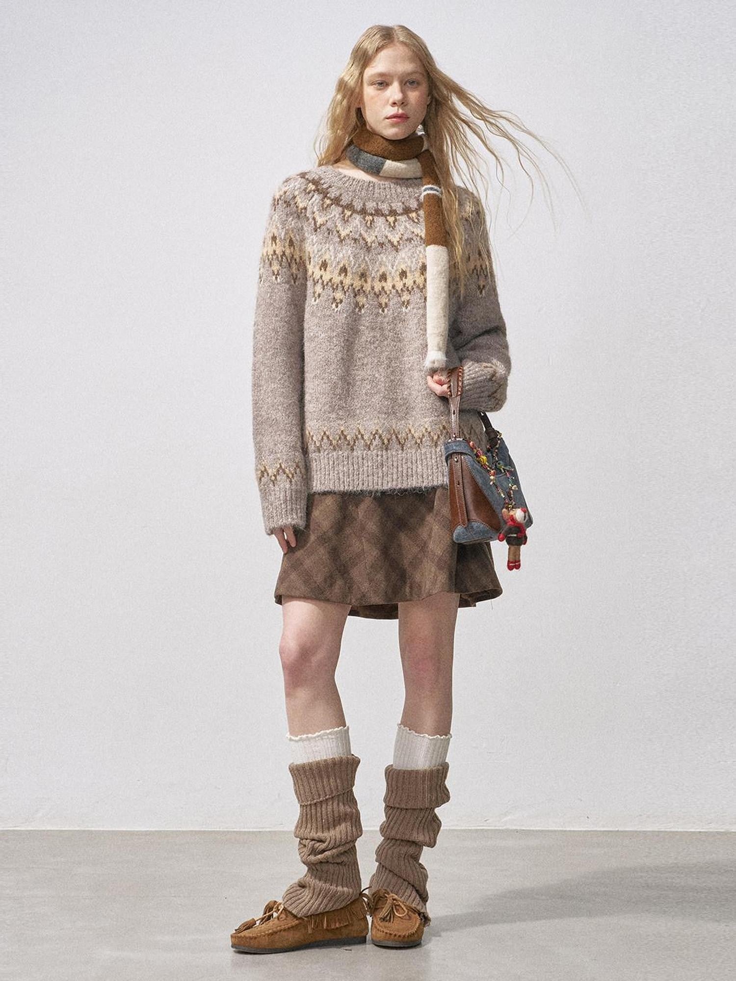 DIDDI MODA Cocoa Red Fair Isle Jacquard Hooded Women&