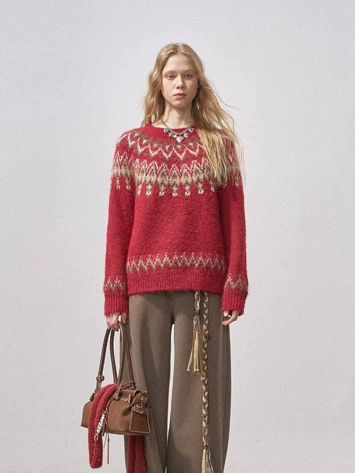 DIDDI MODA Cocoa Red Fair Isle Jacquard Hooded Women&