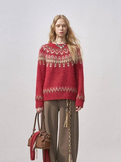 DIDDI MODA Cocoa Red Fair Isle Jacquard Hooded Women&
