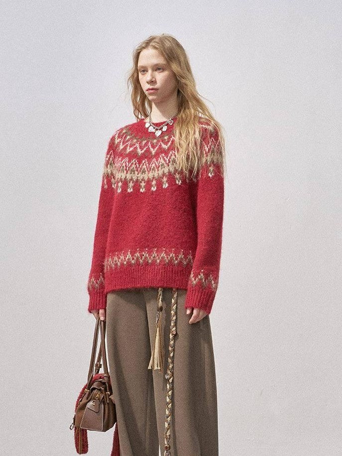DIDDI MODA Cocoa Red Fair Isle Jacquard Hooded Women&