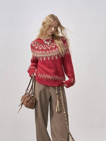 DIDDI MODA Cocoa Red Fair Isle Jacquard Hooded Women&