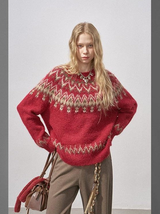 DIDDI MODA Cocoa Red Fair Isle Jacquard Hooded Women&
