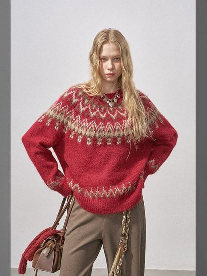 DIDDI MODA Cocoa Red Fair Isle Jacquard Hooded Women&