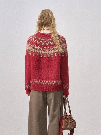 DIDDI MODA Cocoa Red Fair Isle Jacquard Hooded Women&