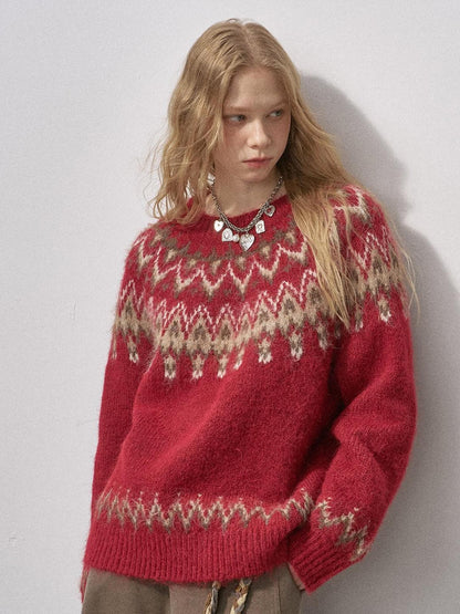 DIDDI MODA Cocoa Red Fair Isle Jacquard Hooded Women&