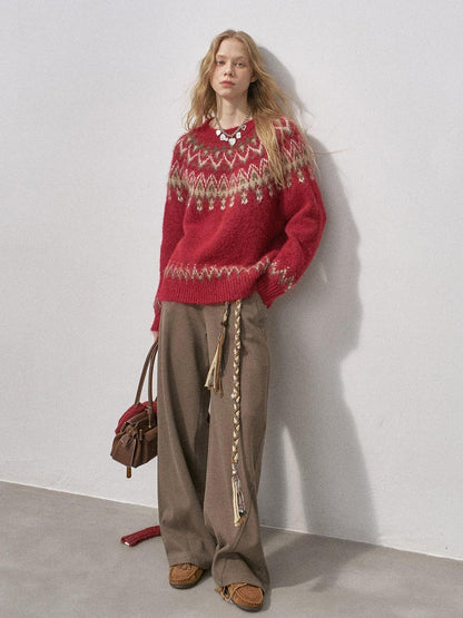 DIDDI MODA Cocoa Red Fair Isle Jacquard Hooded Women&