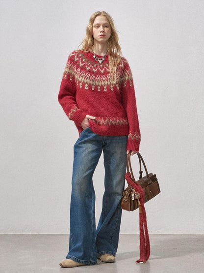 DIDDI MODA Cocoa Red Fair Isle Jacquard Hooded Women&