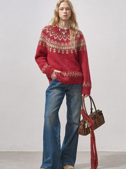 DIDDI MODA Cocoa Red Fair Isle Jacquard Hooded Women&