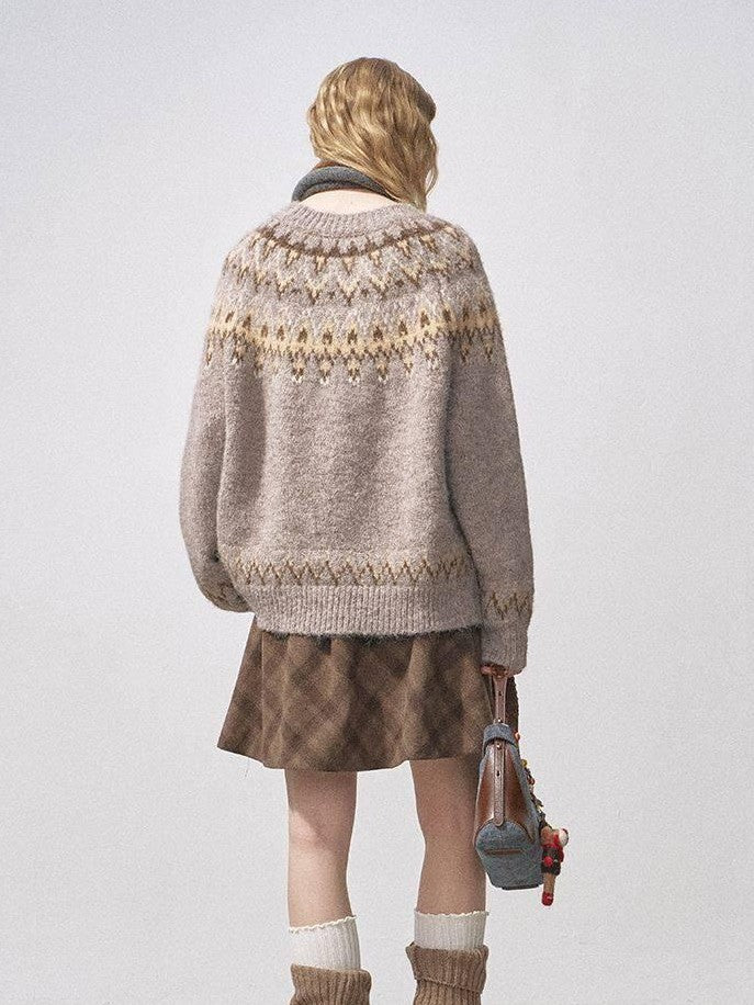DIDDI MODA Cocoa Red Fair Isle Jacquard Hooded Women&