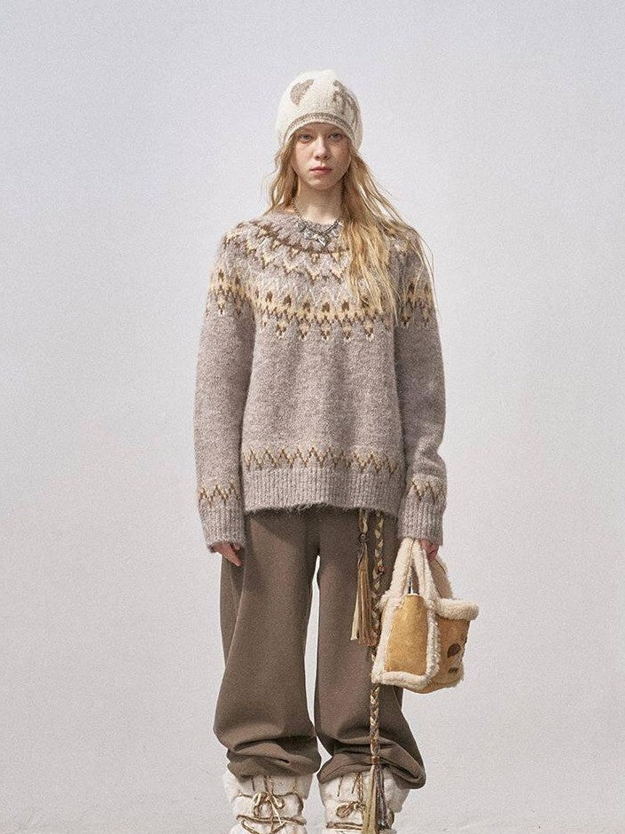 DIDDI MODA Cocoa Red Fair Isle Jacquard Hooded Women&