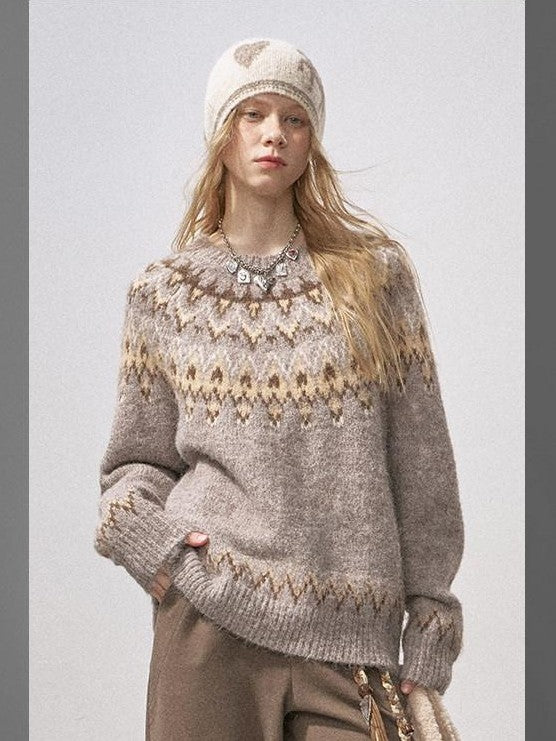 DIDDI MODA Cocoa Red Fair Isle Jacquard Hooded Women&