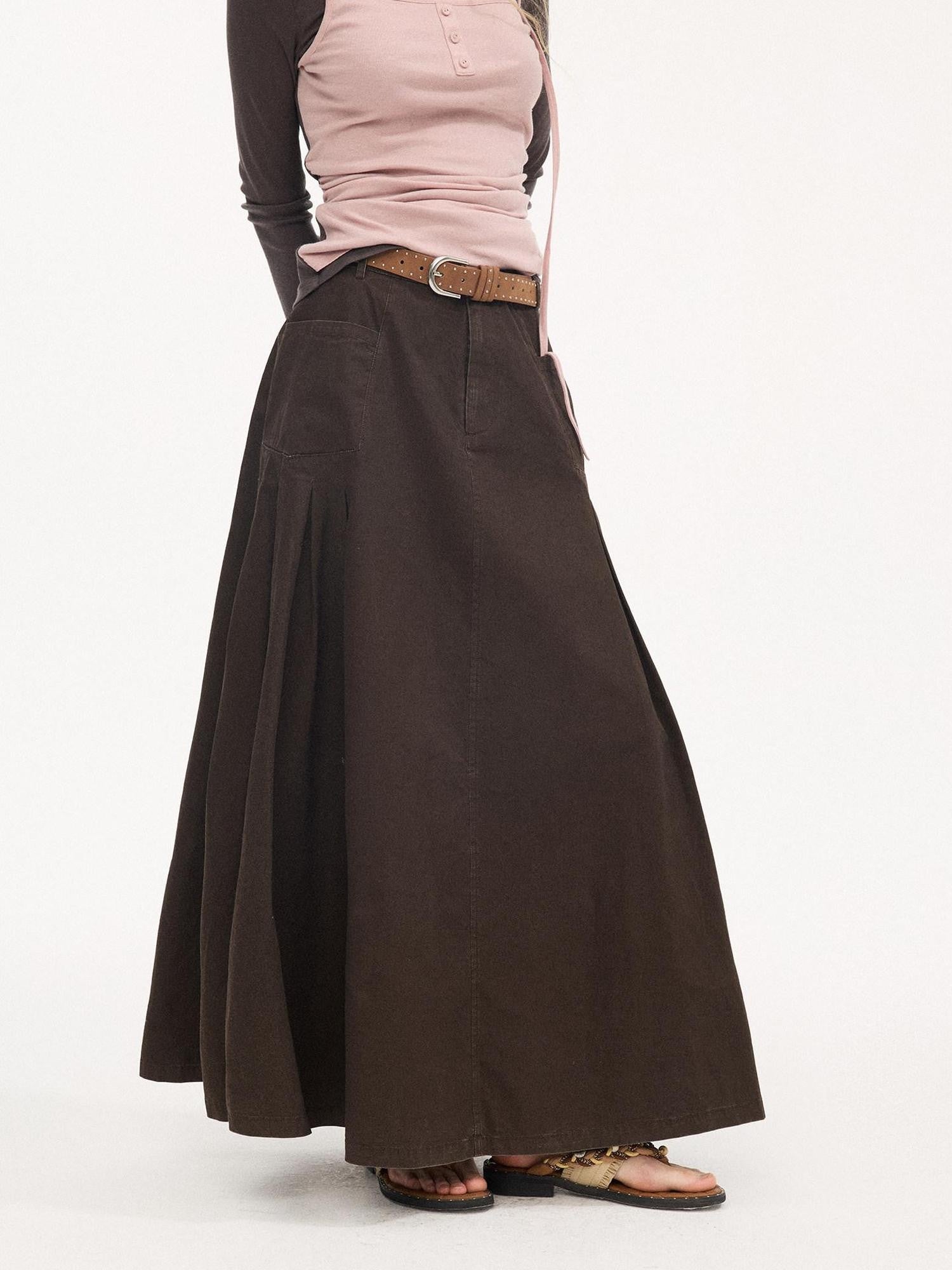 DIDDI MODA Coffee Brown Accordion Pleat Pocket Flared Mid Waist Women&