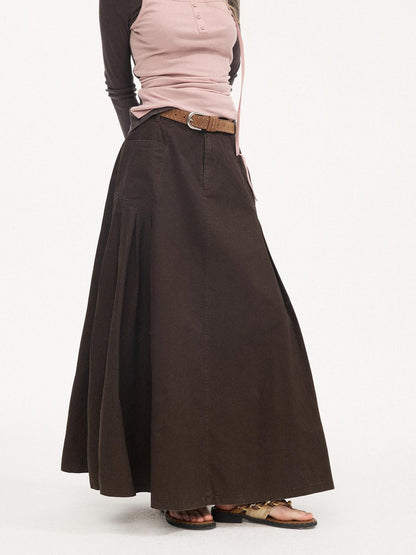 DIDDI MODA Coffee Brown Accordion Pleat Pocket Flared Mid Waist Women&