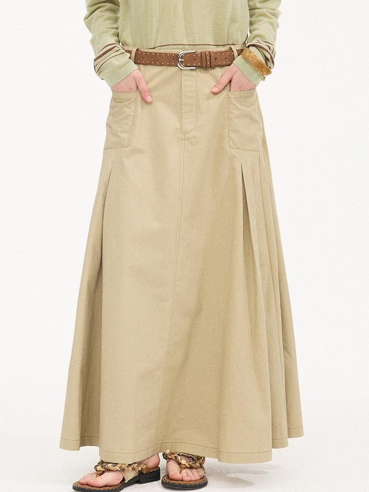DIDDI MODA Coffee Brown Accordion Pleat Pocket Flared Mid Waist Women&