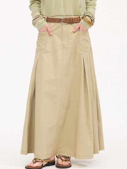 DIDDI MODA Coffee Brown Accordion Pleat Pocket Flared Mid Waist Women&