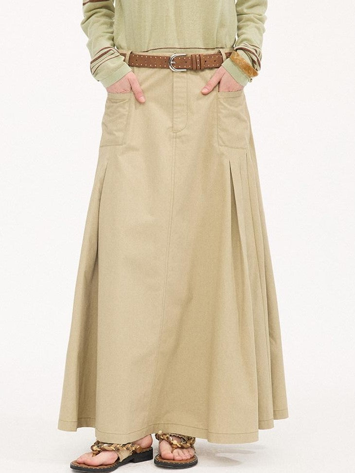 DIDDI MODA Coffee Brown Accordion Pleat Pocket Flared Mid Waist Women&