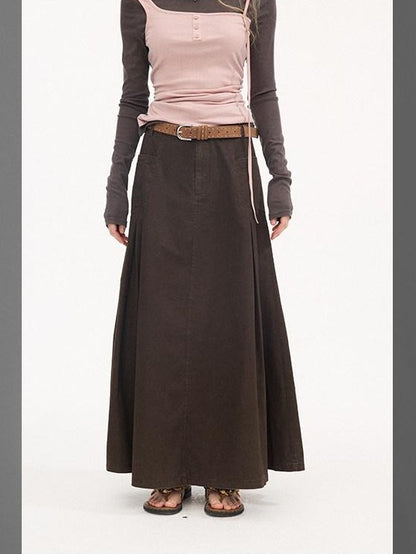 DIDDI MODA Coffee Brown Accordion Pleat Pocket Flared Mid Waist Women&