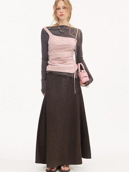 DIDDI MODA Coffee Brown Accordion Pleat Pocket Flared Mid Waist Women&