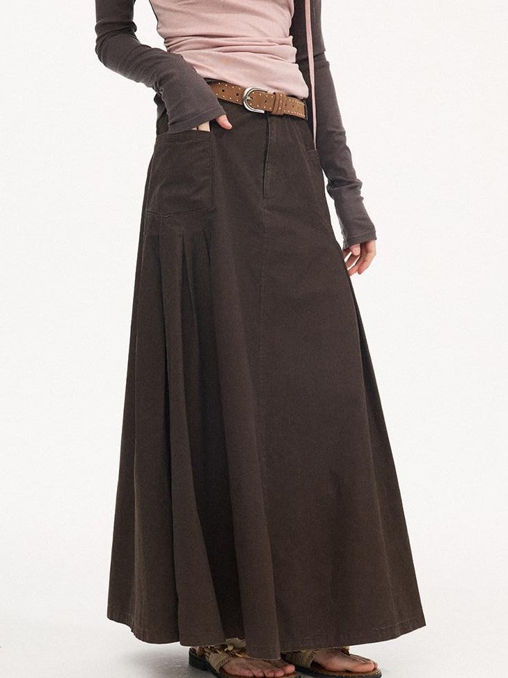 DIDDI MODA Coffee Brown Accordion Pleat Pocket Flared Mid Waist Women&