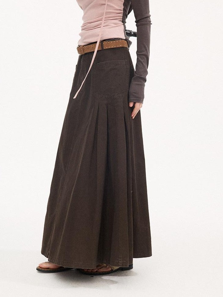 DIDDI MODA Coffee Brown Accordion Pleat Pocket Flared Mid Waist Women&