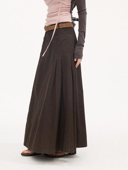 DIDDI MODA Coffee Brown Accordion Pleat Pocket Flared Mid Waist Women&