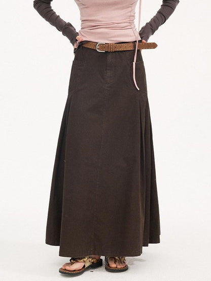 DIDDI MODA Coffee Brown Accordion Pleat Pocket Flared Mid Waist Women&