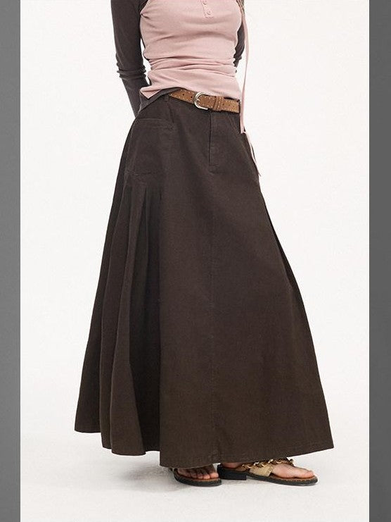 DIDDI MODA Coffee Brown Accordion Pleat Pocket Flared Mid Waist Women&