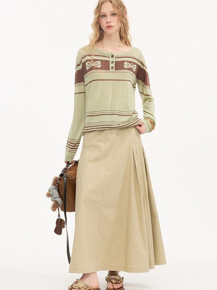 DIDDI MODA Coffee Brown Accordion Pleat Pocket Flared Mid Waist Women&