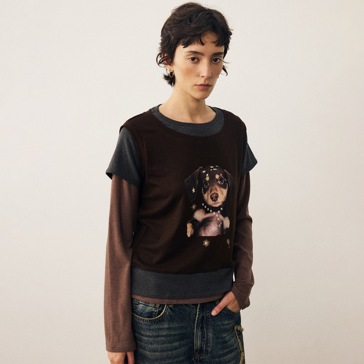 DIDDI_MODA_Color_Block_Dog_Print_Loose_Crewneck_Women&