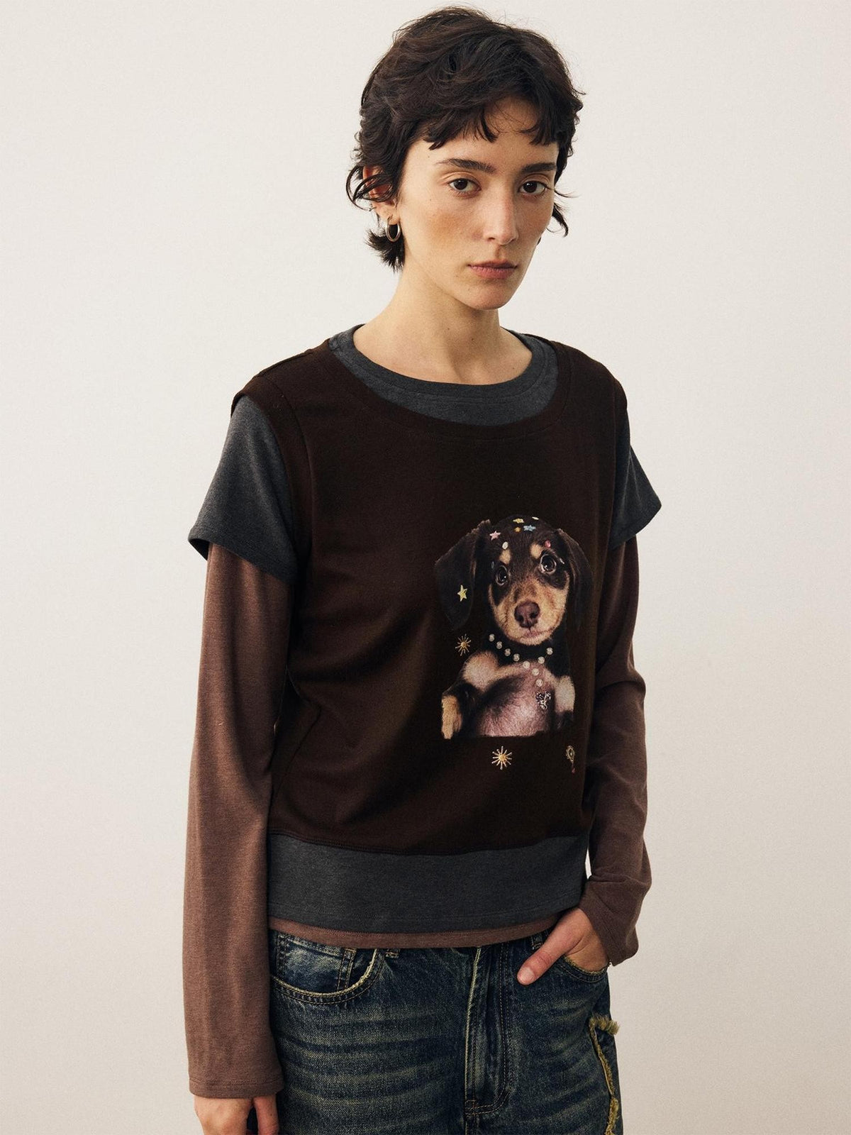 DIDDI MODA Color Block Dog Print Loose Crewneck Women&