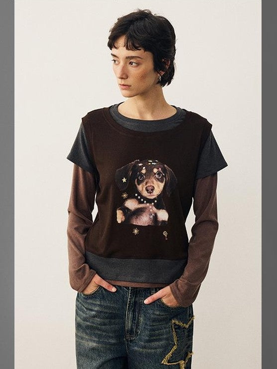 DIDDI MODA Color Block Dog Print Loose Crewneck Women&