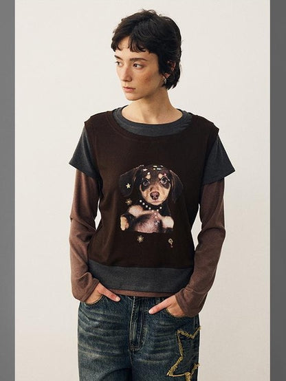 DIDDI MODA Color Block Dog Print Loose Crewneck Women&