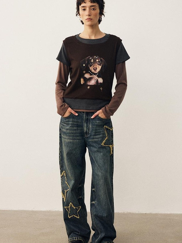 DIDDI MODA Color Block Dog Print Loose Crewneck Women&