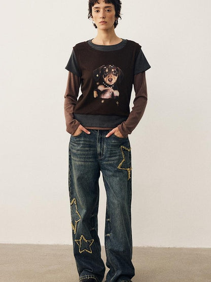 DIDDI MODA Color Block Dog Print Loose Crewneck Women&