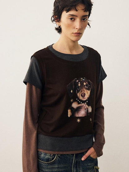 DIDDI MODA Color Block Dog Print Loose Crewneck Women&