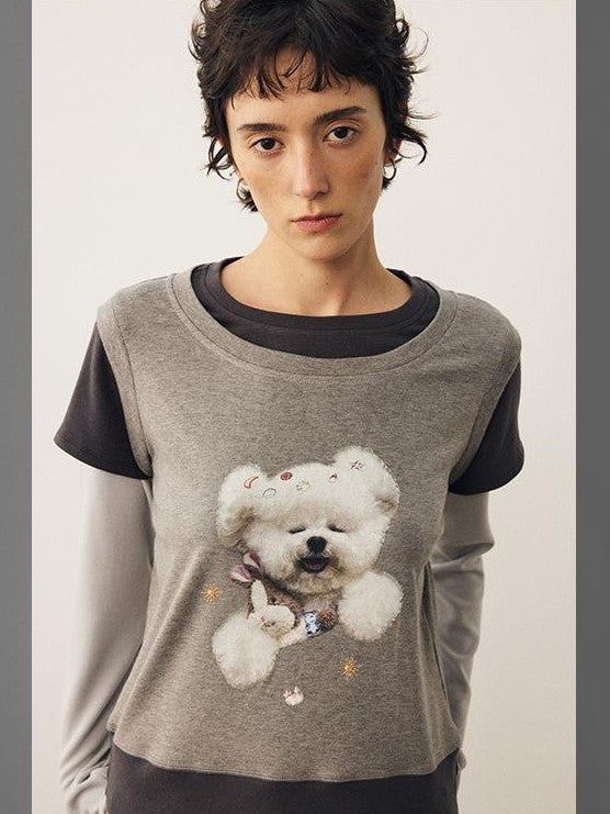 DIDDI MODA Color Block Dog Print Loose Crewneck Women&