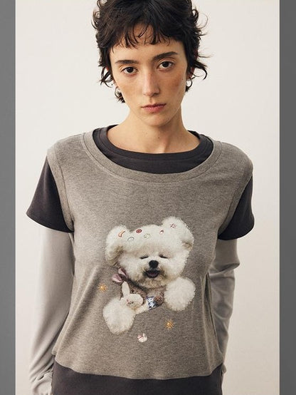 DIDDI MODA Color Block Dog Print Loose Crewneck Women&