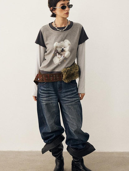 DIDDI MODA Color Block Dog Print Loose Crewneck Women&