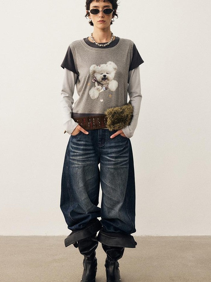 DIDDI MODA Color Block Dog Print Loose Crewneck Women&