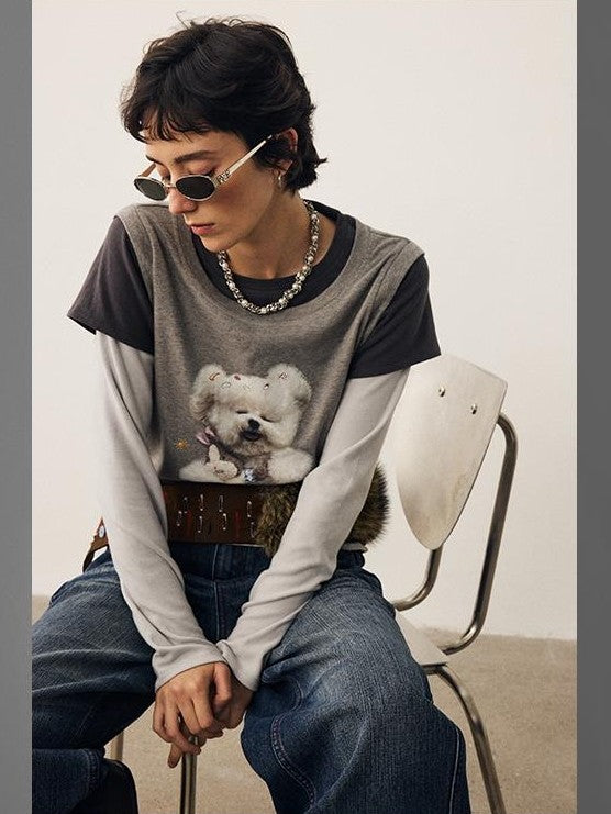 DIDDI MODA Color Block Dog Print Loose Crewneck Women&