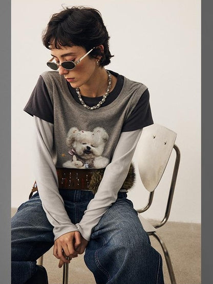 DIDDI MODA Color Block Dog Print Loose Crewneck Women&