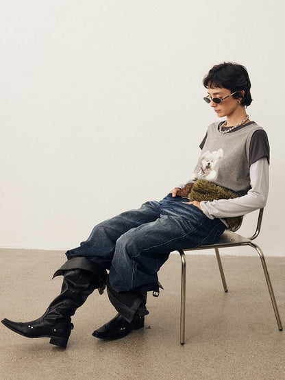 DIDDI MODA Color Block Dog Print Loose Crewneck Women&
