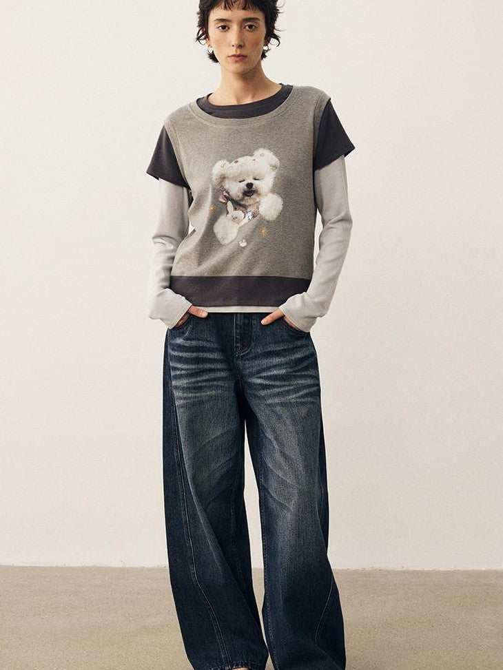 DIDDI MODA Color Block Dog Print Loose Crewneck Women&