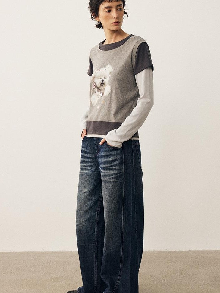 DIDDI MODA Color Block Dog Print Loose Crewneck Women&